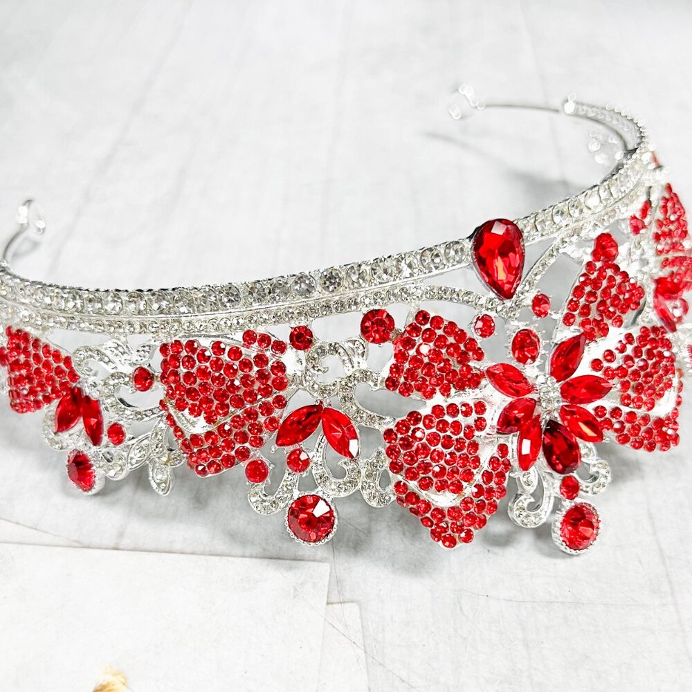 Vintage silver Crown, Red bow tiara, Classic wedding Crown, Crystal Crown Tiara - Picture 9 of 10